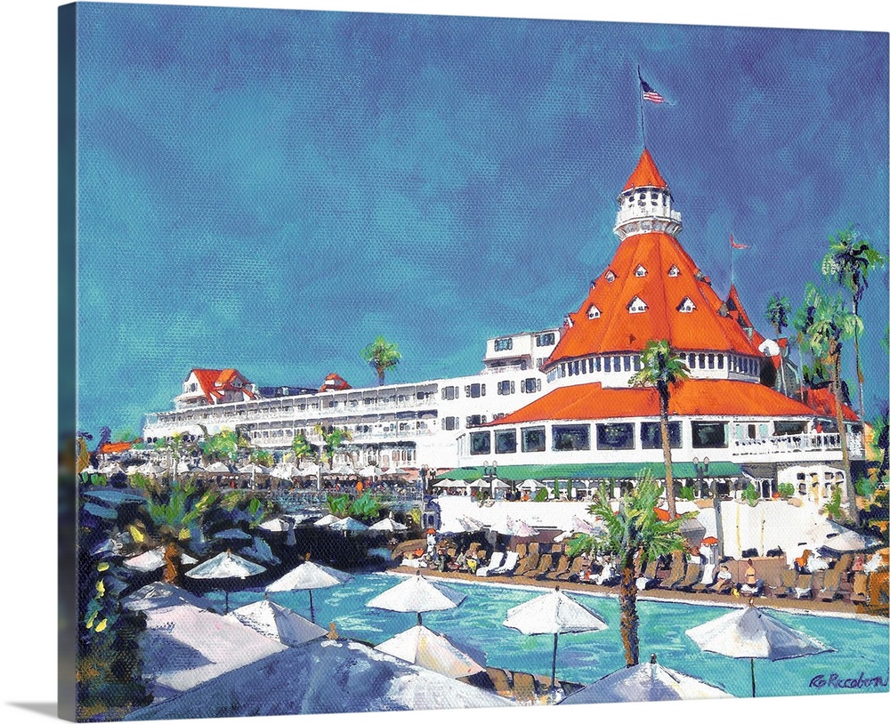 Poolside at Hotel del Coronado painted by artist RD Riccoboni.  The world famous seaside Victorian in Cornado, California ...
