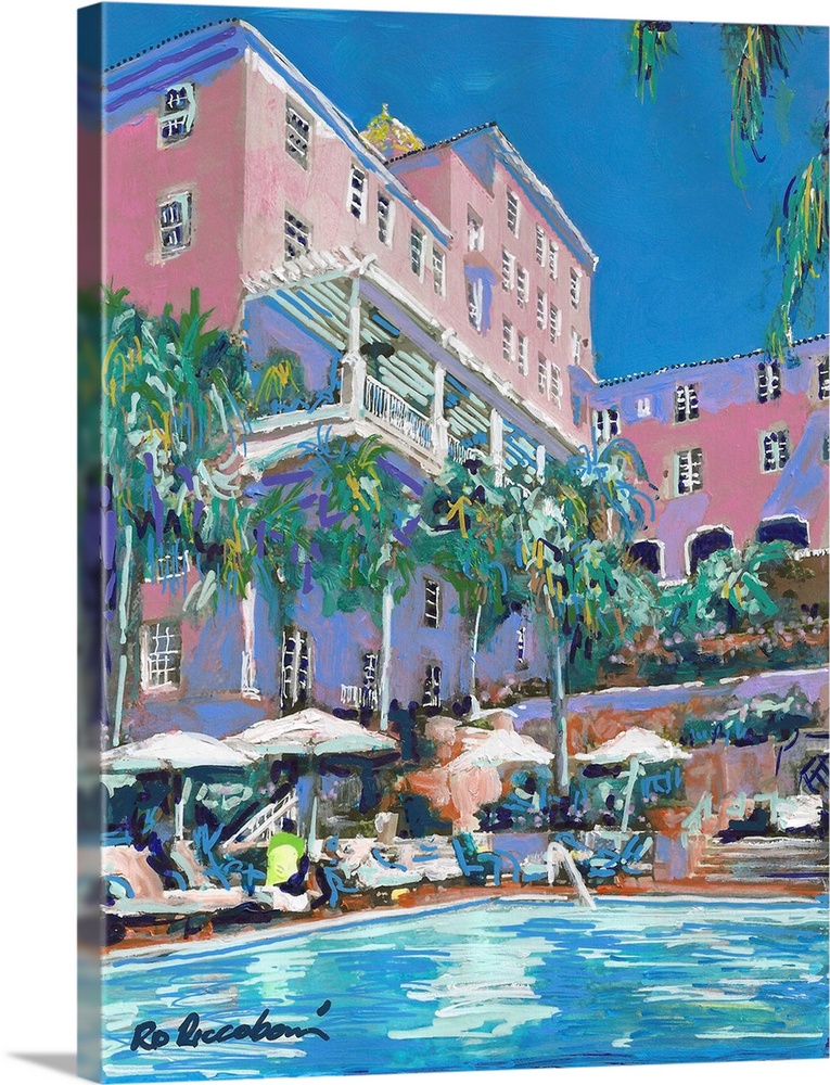 Painting of the poolside at La Valencia, La Jolla Village, San Diego - California's iconic historic hotel.
