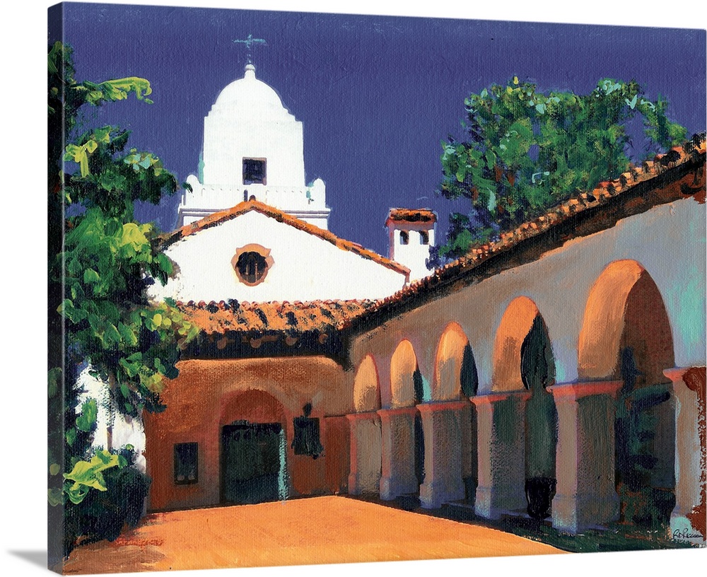 The Courtyard and arches of Junipero Serra Museum, in Presidio Park, painted by RD Riccoboni. One of the most familiar lan...