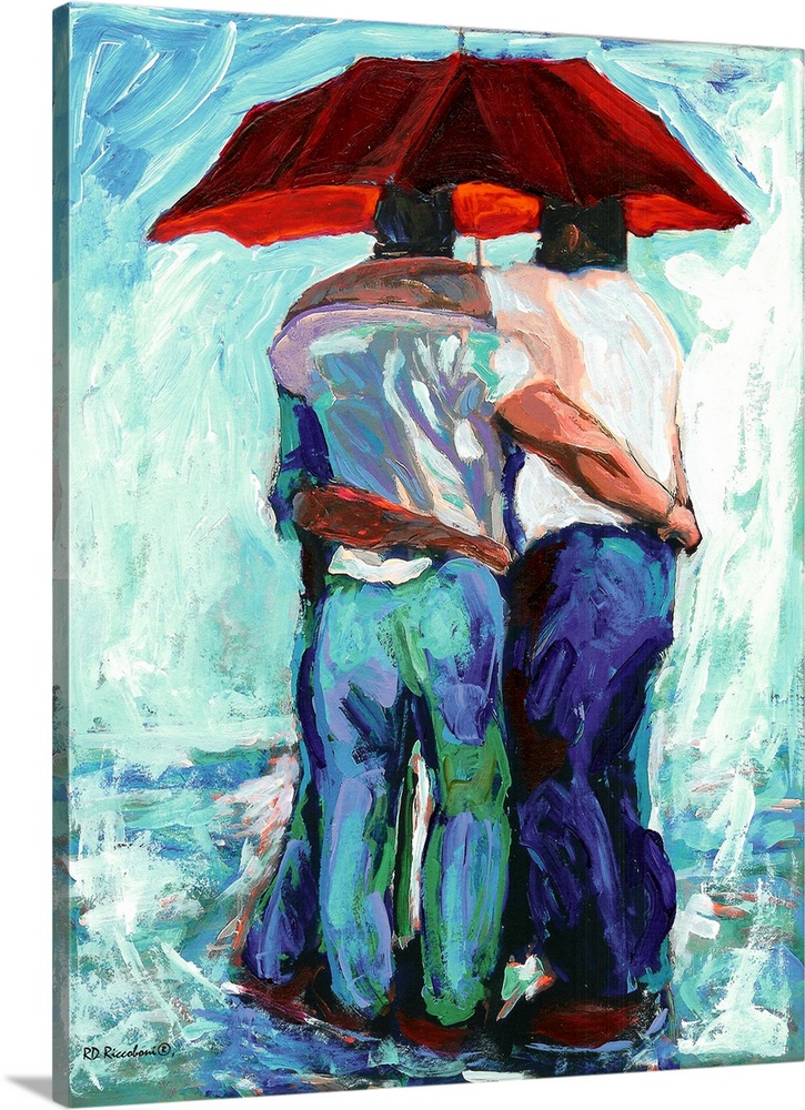 Contemporary painting of three friends seeking shelter underneath a red umbrella.
