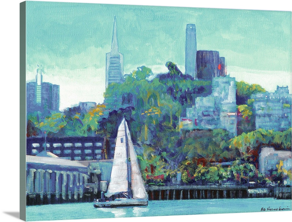 Contemporary painting of a sailboat sailing by Pioneer Park and Coit Tower in San Francisco California.