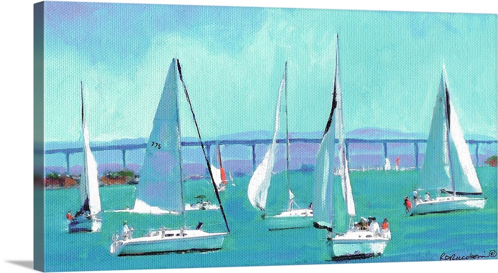 Contemporary painting of boats sailing by the Coronado Bridge in San Diego Bay.