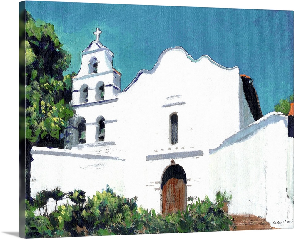 San Diego de Alcala Mission, painting by California artist RD Riccoboni. A beautiful painting in bold contrast of white an...