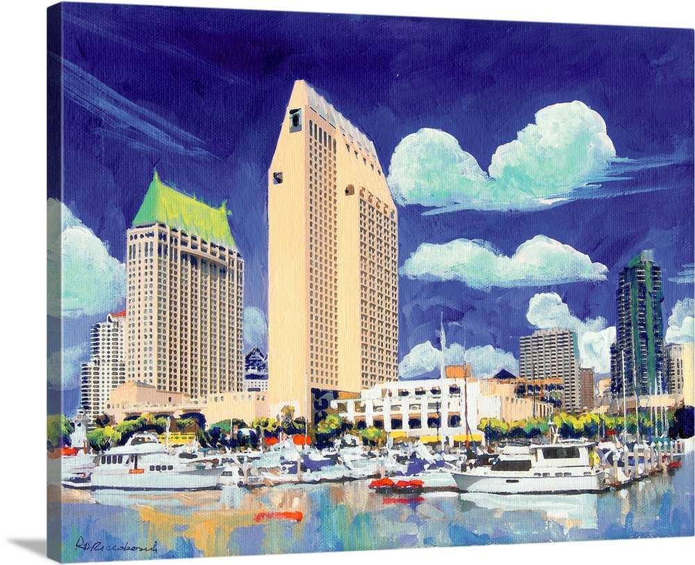Contemporary painting of the downtown San Diego waterfront with boats in the marina and buildings in the background.