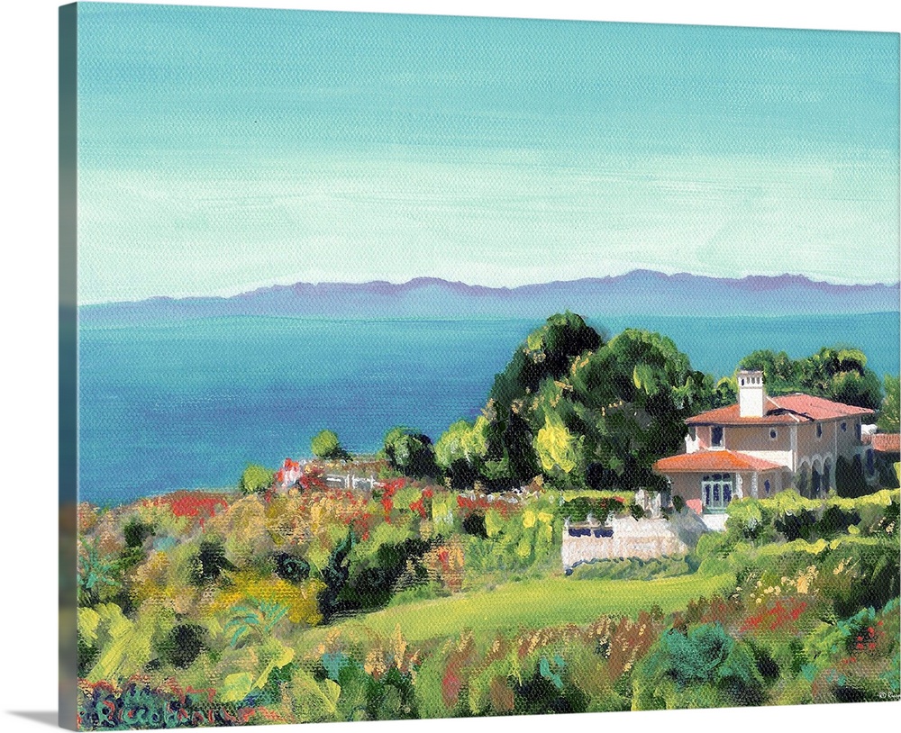 Santa Monica Bay from Palos Verdes, California, painting by RD Riccoboni. Coastal landscape painting with the Pacific Ocea...