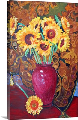 Sunflowers in a Red Vase