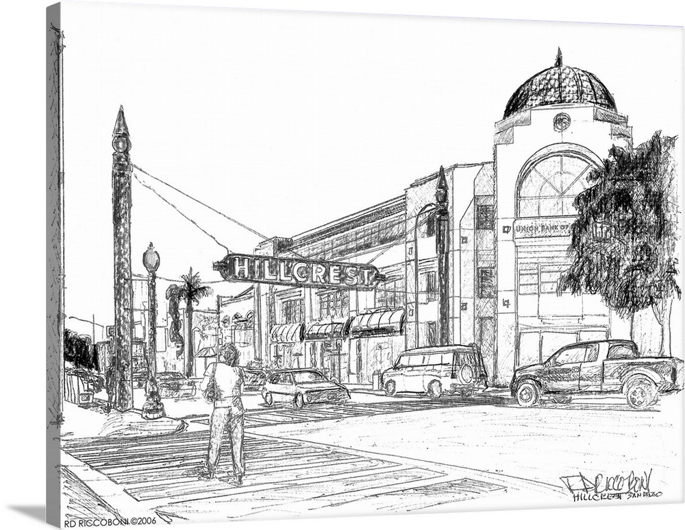 The Hillcrest Sign San Diego California, drawing by american artist RD Riccoboni.