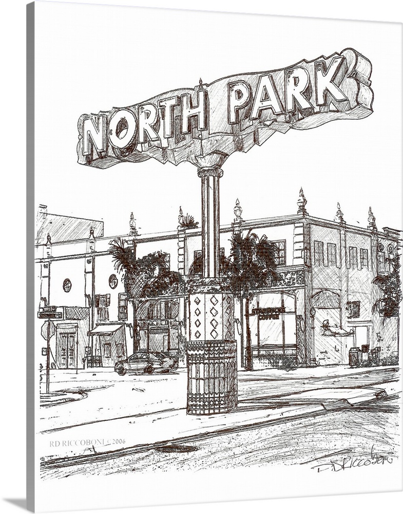 The North Park Sign, San Diego, California pen and ink drawing by RD Randy Riccoboni.  The North Park sign can be seen abo...