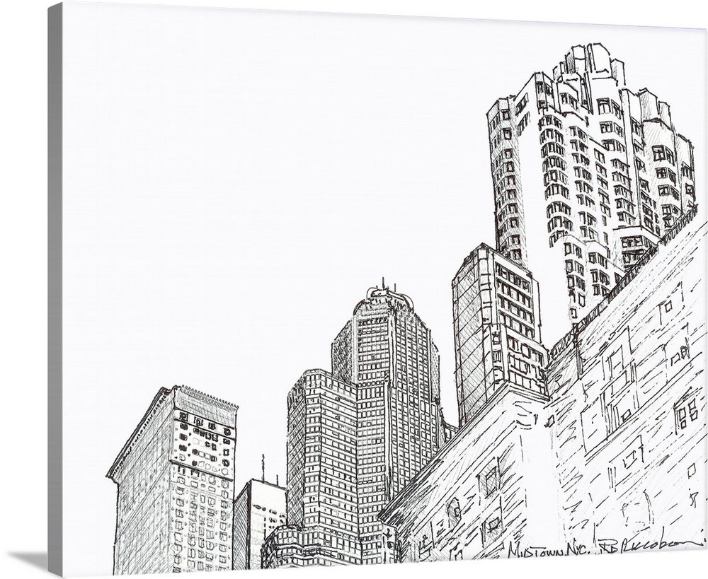 Three Towers Midtown Manhattan, pen and ink drawing by RD Riccoboni. Skyscaper lined avenue in New York City.