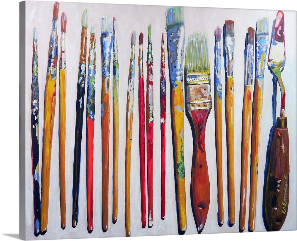 Contemporary painting of well used paint brushes and a palette knife on a white background.