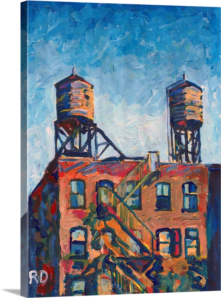 Sunny day in the city, Water Towers on top of the Apartment Building, New York City by RD Riccoboni, Abstract painting of ...
