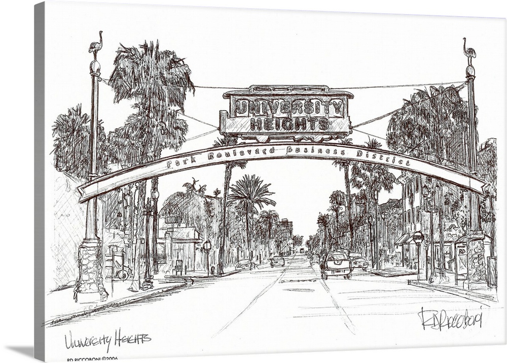 University Heights sign - San Diego by RD Riccoboni. A pen and ink drawing of the famous neighborhood sign. University Hei...