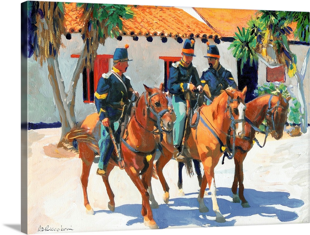 Contemporary painting of three U.S. Army Dragoons riding on their horses in San Diego, California.