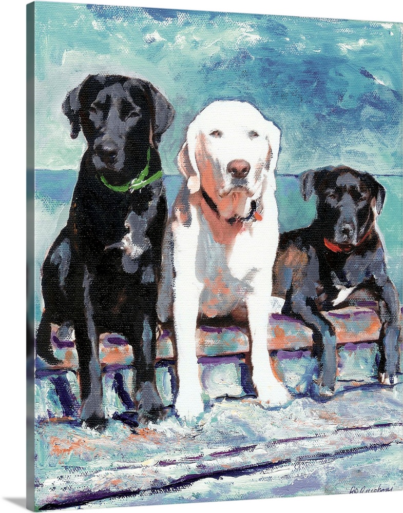 Contemporary painting of three Labradors, two black and one white.