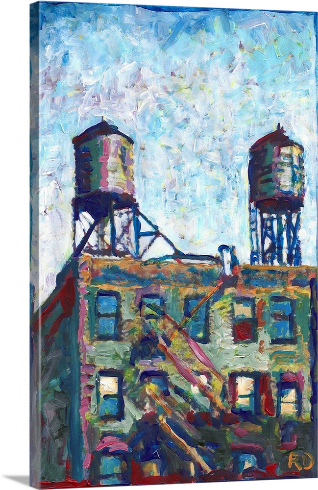 Water Towers in New York by RD Riccoboni, impressionist style painting of NYC in green, blue, red, orange, white and yello...