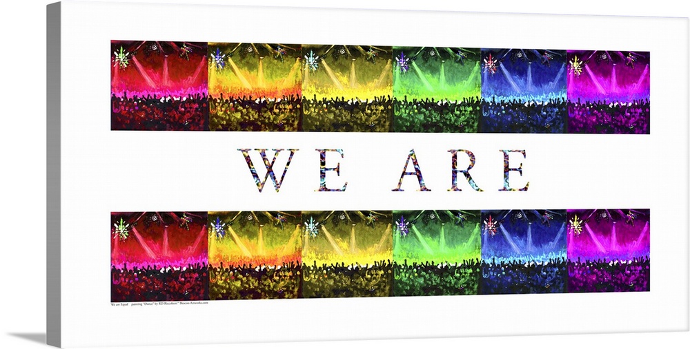 We are Equal poster with the painting Dance by RD Riccoboni, portraying the gay LGBT community in street scenes and events.