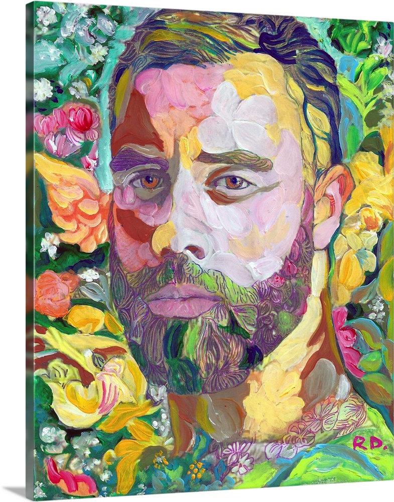 Painting of a handsome bearded man surrounded by florals, splashes and pops of color.