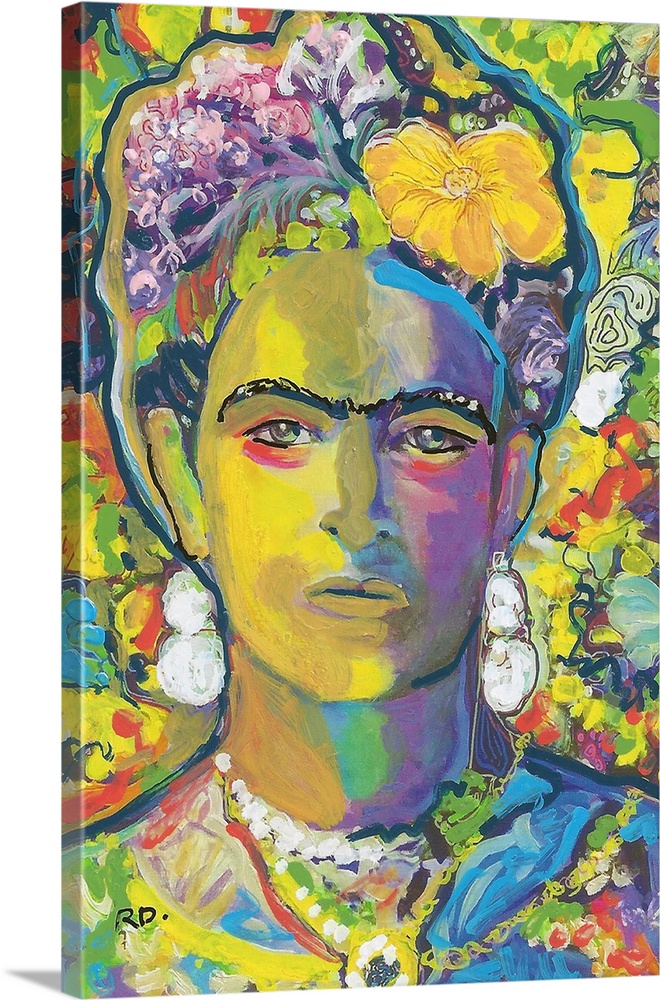 Yellow Frida by RD Riccoboni, painted in gold and yellow tones with red blue green purple and orange
