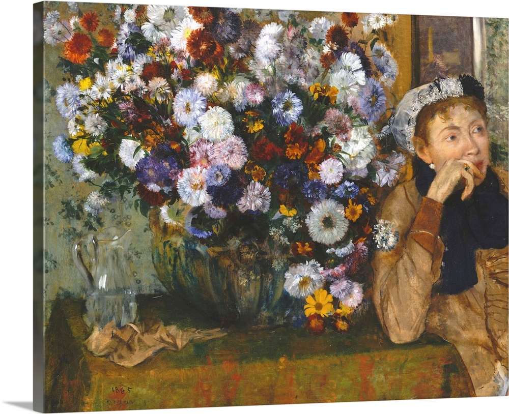The juxtaposition of the prominent bouquet and the off-center figure, gazing distractedly to the right, exemplifies Degas'...