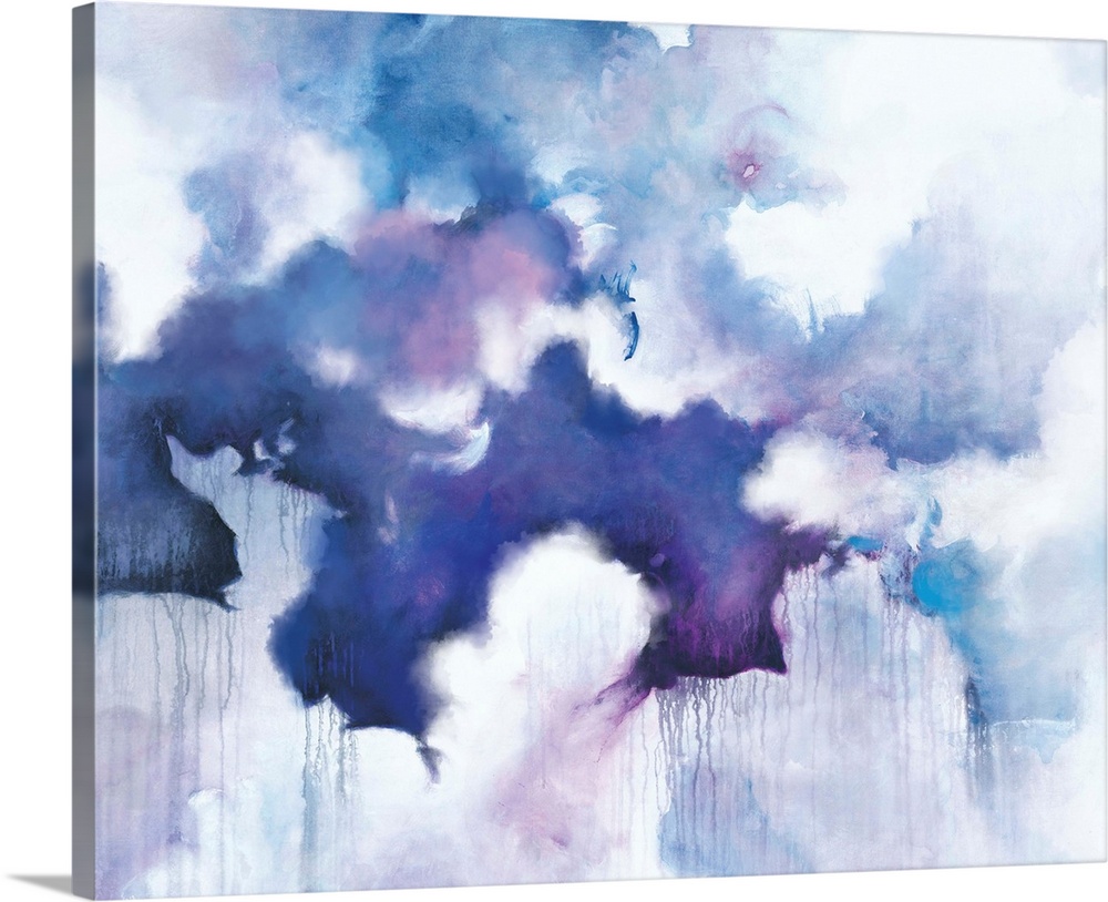 Abstract contemporary painting in blue and purple tones, resembling a cloudy sky.