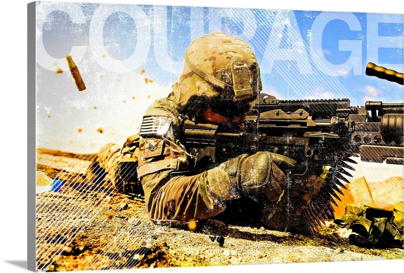 Air Force Grunge Poster: Courage. U.s. Air Force Soldier Fires The Mk48 