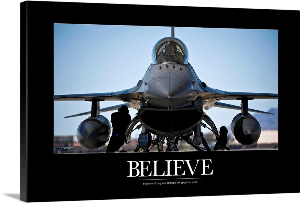 This picture was taken looking straight on at a military aircraft and it has a black border around it with the word "Belie...