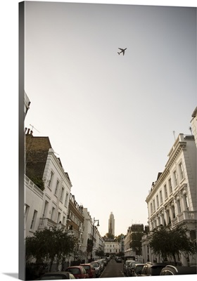 Airplane Over London Cityscape, England, UK
