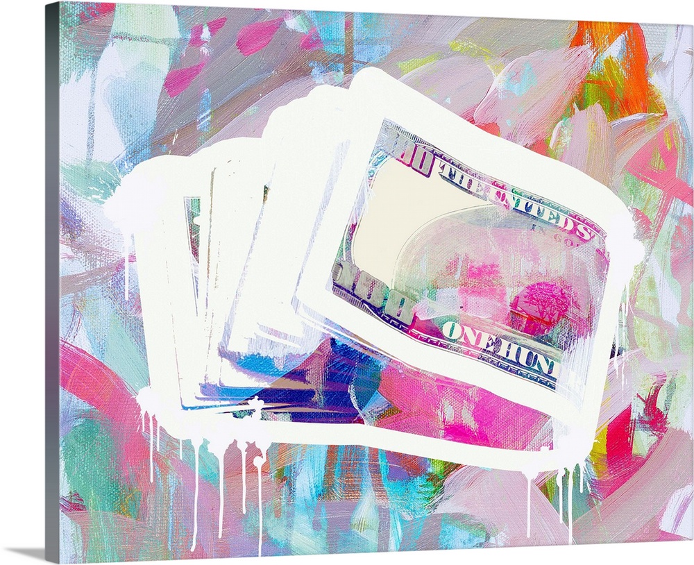 Graffiti art with a stack of one hundred dollar bills on a colorful abstract background created with brushstrokes in all d...