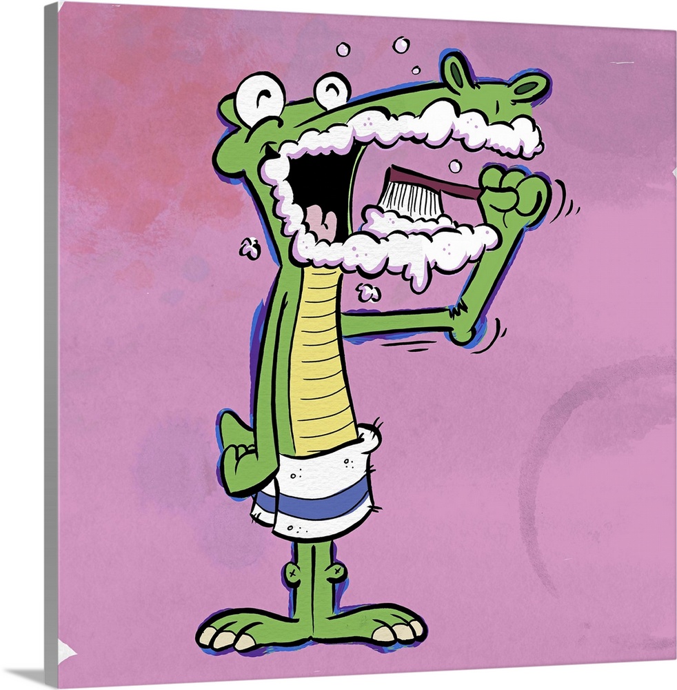 Cute cartoon artwork of an alligator brushing its teeth.