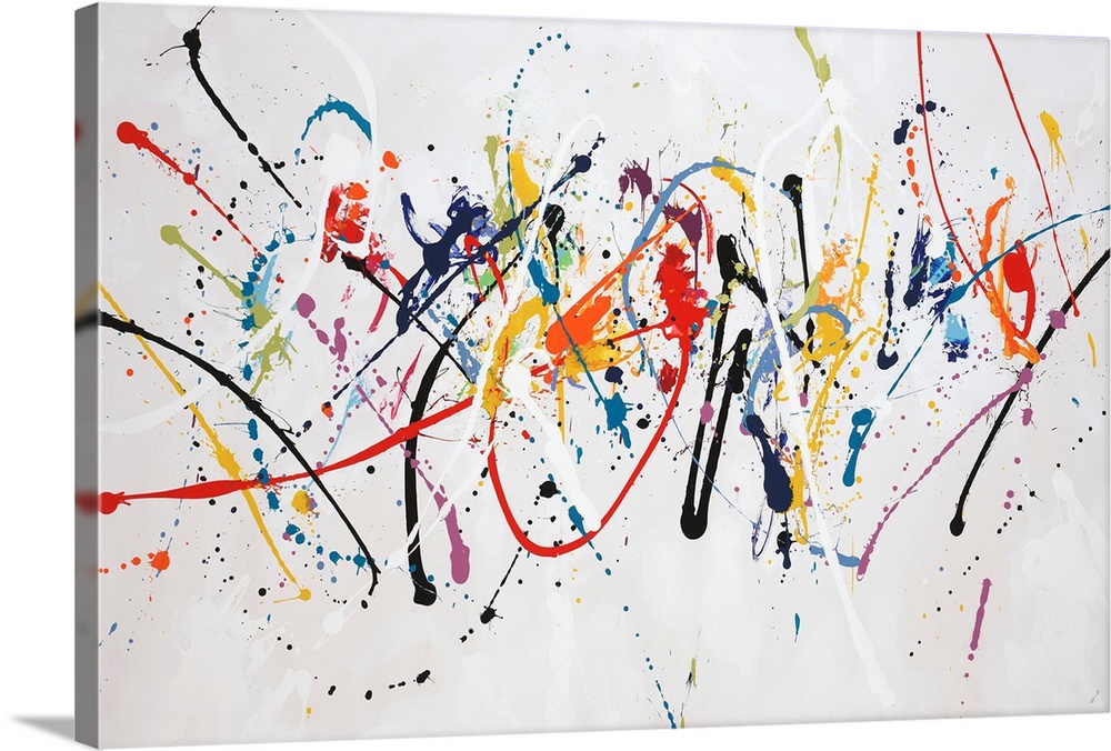 Fun, contemporary painting of multi-colored paint splatters.