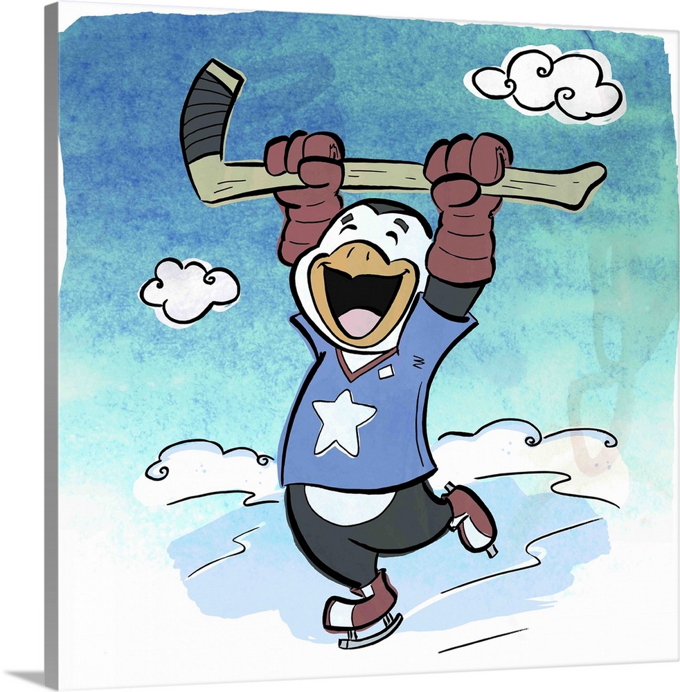 Fun cartoon artwork of a penguin cheering while playing hockey.