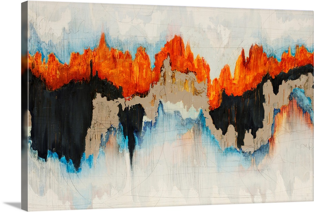 Contemporary abstract painting with jagged bright orange, tan, black and light blue lines over a cream background.