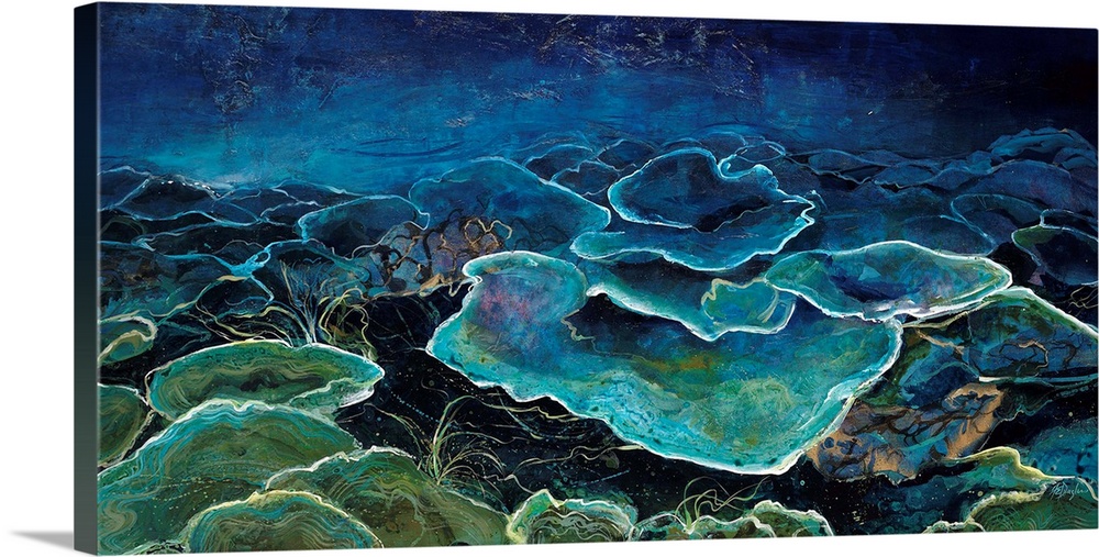 Contemporary underwater scene done in vibrant blue and green shades.