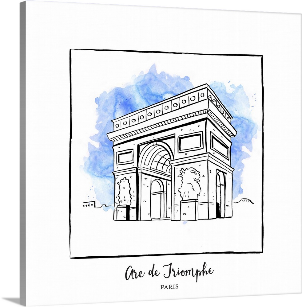 An ink illustration of the Arc de Triomphe in Paris, France, with a blue watercolor wash.