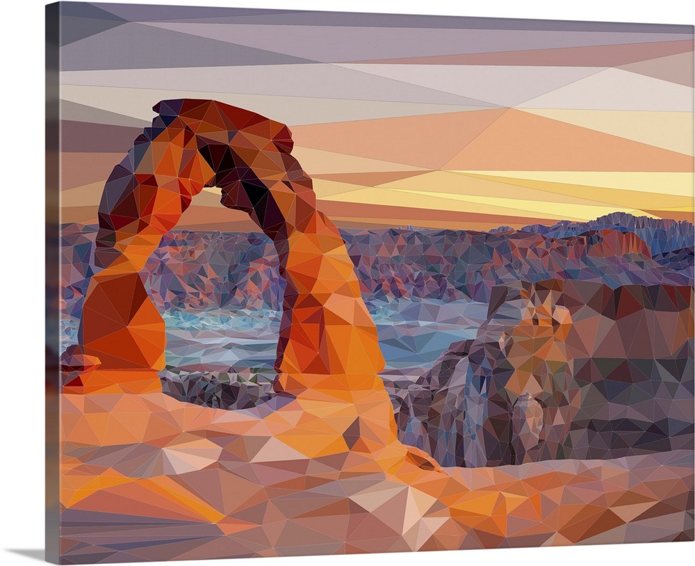 Delicate Arch in Arches National Park, Utah, rendered in a low-polygon style.