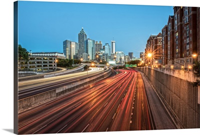 Atlanta, Georgia skyline at dusk with light trails
