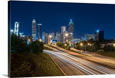 Atlanta, Georgia, skyline at night, with light trails