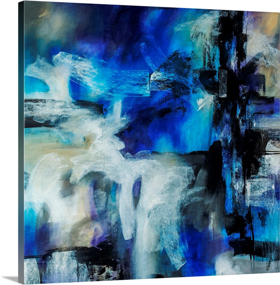 Abstract artwork painted with bright blue tones underneath thick black and white brushstrokes.