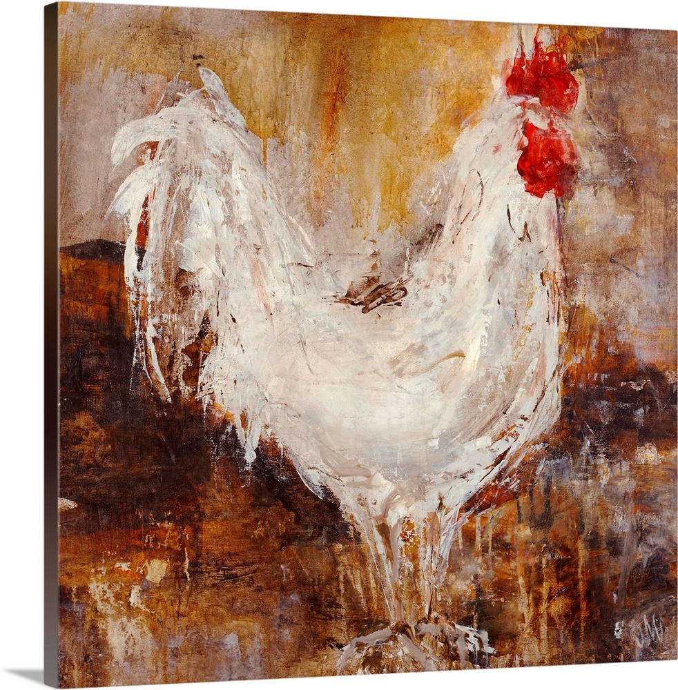 Contemporary painting of chicken up close against a dark background. The image is created using sloppy brush strokes with ...