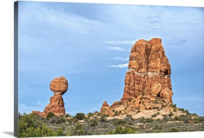 Balanced Rock and a sandstone tower in Arches National Park, Utah