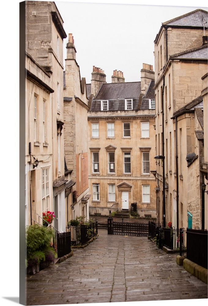 Photograph of neighborhood architecture and a cobblestone road going through the center in Bath, England.