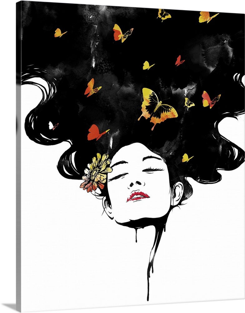 Illustration of a woman's face with her hair flowing above her, filled with butterflies.