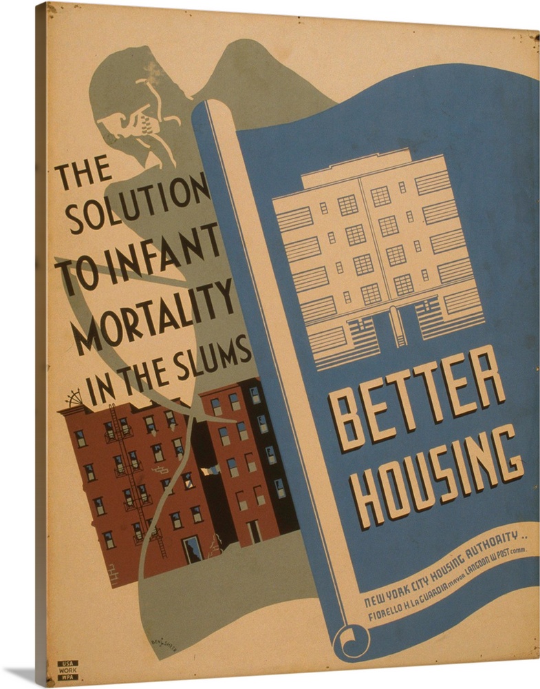 Artwork promoting better housing as a solution for high rates of infant mortality in the slums, showing a blueprint of new...