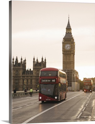 Big Ben and The Palace of Westminster with Double Deckers, London, England, UK