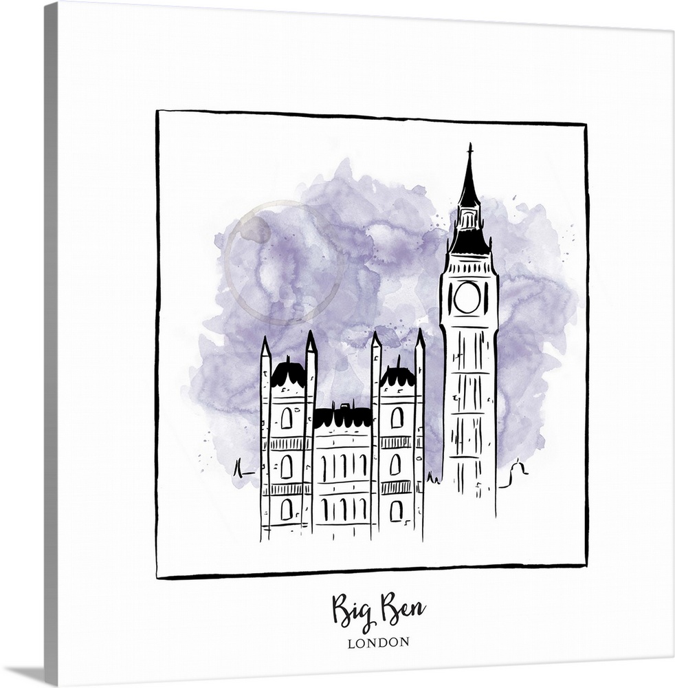 An ink illustration of Big Ben in London, England, with a lavender watercolor wash.