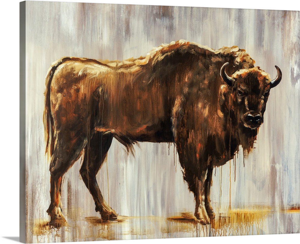 Contemporary portrait of a bison in front of a gray-streaked background.