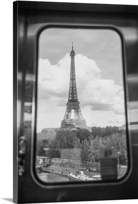 Black and White Eiffel Tower Through a Rail Car