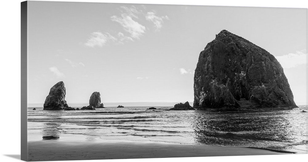 Black and white photograph of Haystack Rock in Oregon.