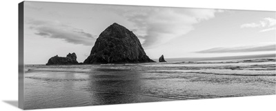 Black and White Haystack Rock, Cannon Beach, Oregon - Panoramic