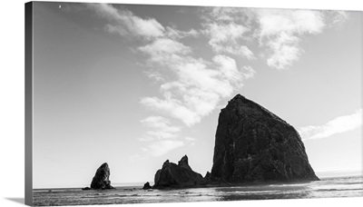 Black and White Haystack Rock With Moon, Cannon Beach, Oregon